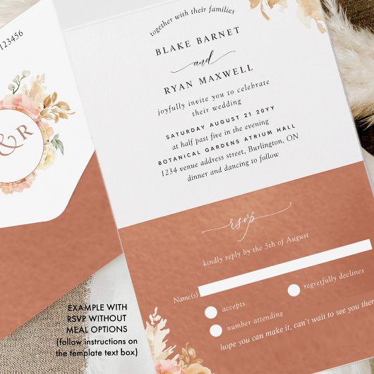 Elegant Pereach Terracotta Floral Wedding met RSVP All In One Uitnodiging