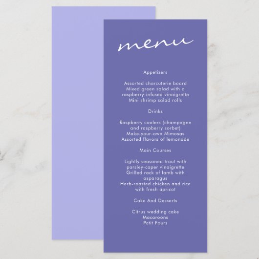 Elegant Periwinkle Blue Calligraphy Wedding Menu (Voorkant / Achterkant)