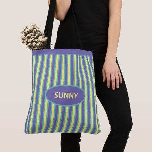 Elegant Periwinkle Blue en Yellow Striped Tote Bag (Dichtbij)