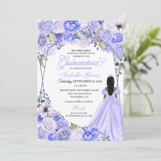 Elegant Periwinkle Blue Floral Quinceanera Kaart (Staand voorkant)