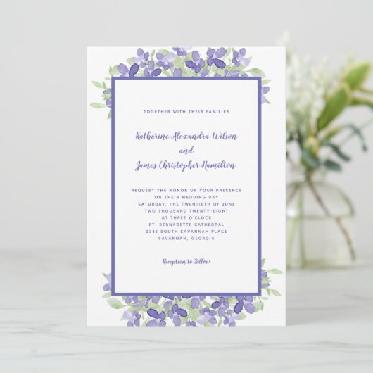 Elegant Periwinkle Blue Floral Waterverf Wedding Kaart (Staand voorkant)