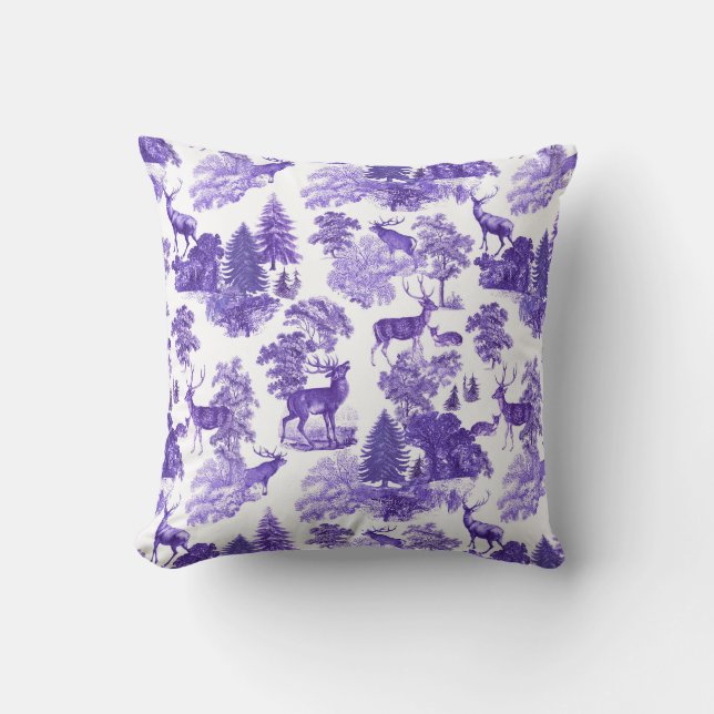 Elegant Periwinkle Blue Toile Deer in Bossen Kussen (Voorkant)