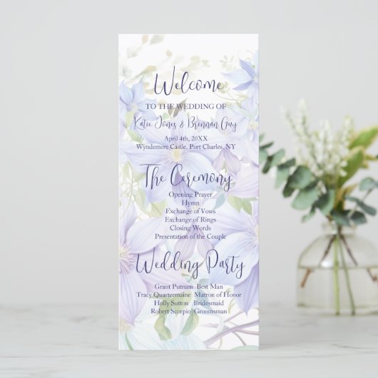 Elegant Periwinkle Clematis huwelijksprogramma (Staand voorkant)