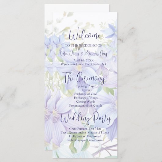 Elegant Periwinkle Clematis huwelijksprogramma (Voorkant / Achterkant)