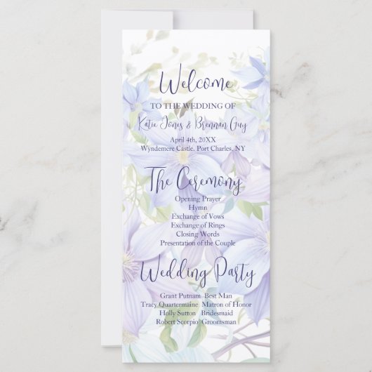 Elegant Periwinkle Clematis huwelijksprogramma (Voorkant)