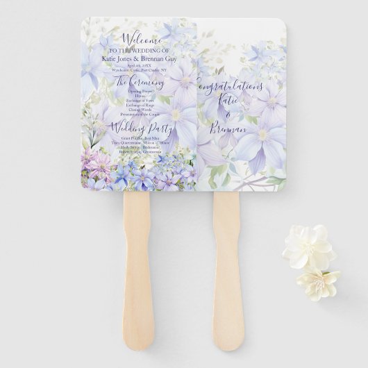 Elegant Periwinkle Clematis huwelijksprogramma Handwaaier (Voorkant en achterkant)