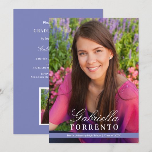 Elegant Periwinkle Custom Photo Graduparty Kaart (Voorkant / Achterkant)