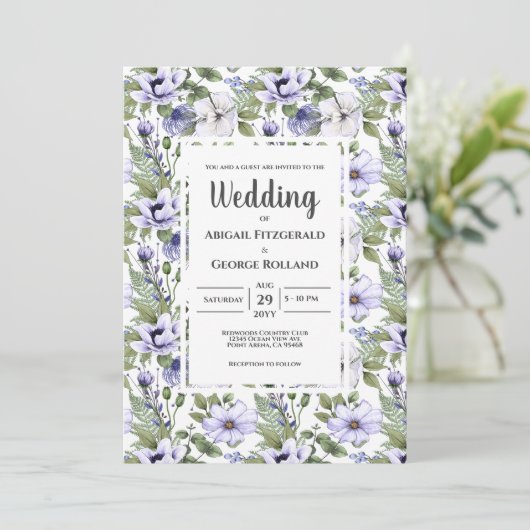 Elegant Periwinkle Floral Greenery Pattern Wedding Kaart (Staand voorkant)