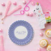 Elegant periwinkle & white lace doily bord (Feest)