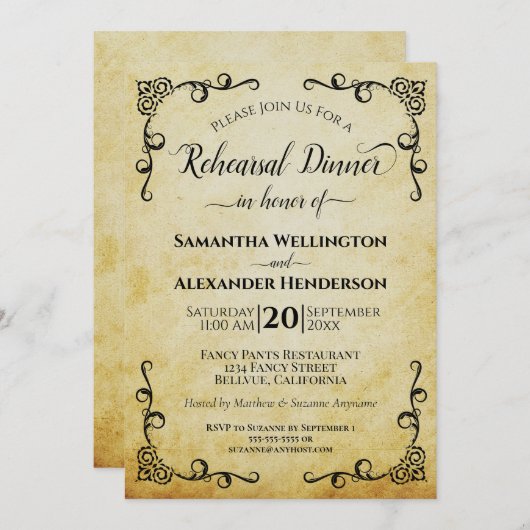 Elegant perkament bruiloft repetitie diner kaart (Voorkant / Achterkant)