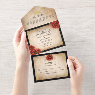 Elegant Perkament Rode Roos Bruiloft Echt Goud Fol All In One Uitnodiging