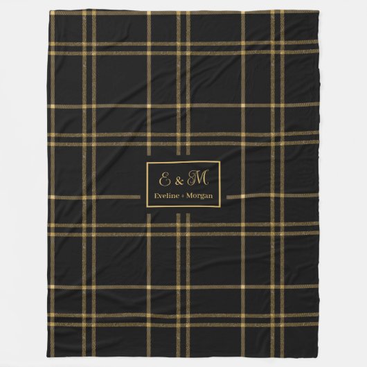 Elegant Personalized Black Gold Tartan Blanket Fleece Deken (Voorkant)