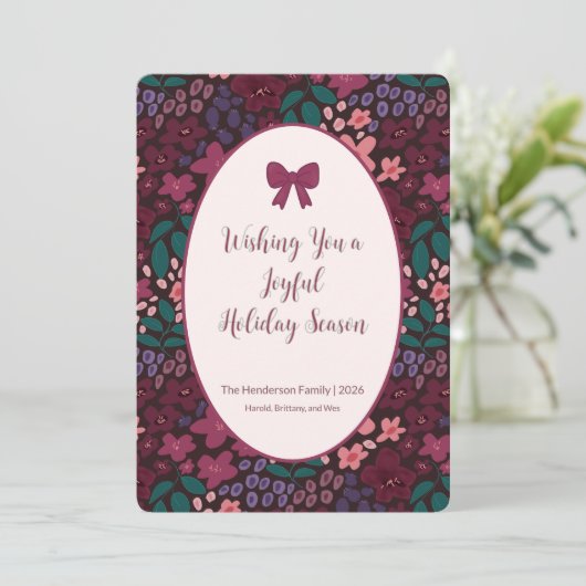 Elegant Personalized Burgundy Floral Flat Card Feestdagenkaart (Staand voorkant)