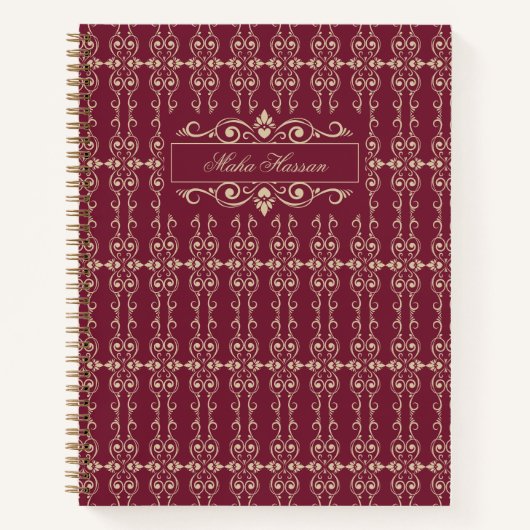 Elegant Personalized Burgundy & Gold Floral Swirl Notitieboek (Voorkant)