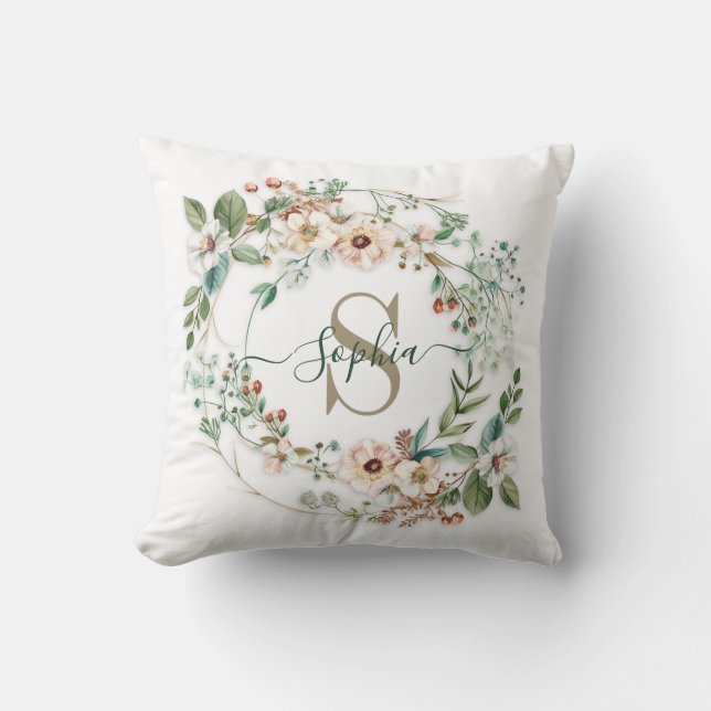 Elegant Personalized Floral Monogram Name Kussen (Voorkant)