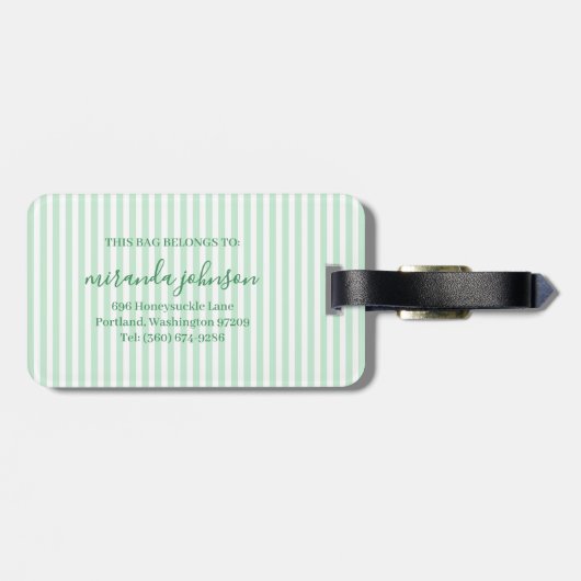 Elegant Personalized Monogram Green Stripe Bagagelabel (Achterkant horizontaal)