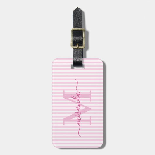 Elegant Personalized Monogram Pink Stripes Bagagelabel (Voorkant verticaal)