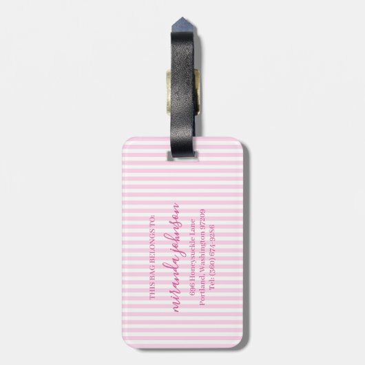 Elegant Personalized Monogram Pink Stripes Bagagelabel (Achterkant verticaal)
