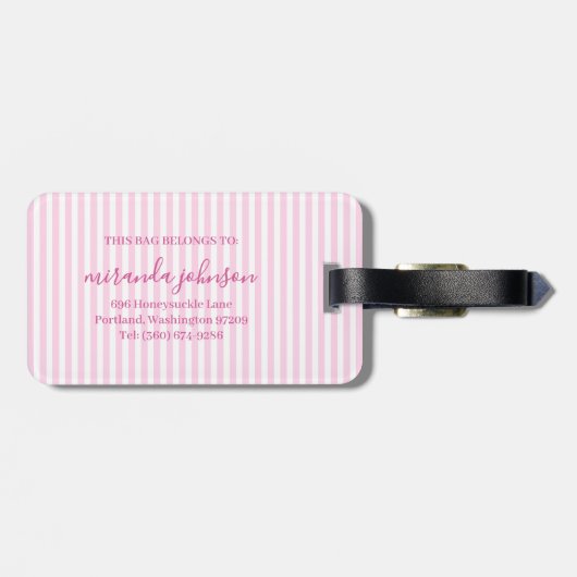Elegant Personalized Monogram Pink Stripes Bagagelabel (Achterkant horizontaal)