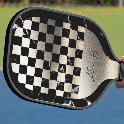 Elegant Personalized Steel and Dark Marble Pickleball Paddle