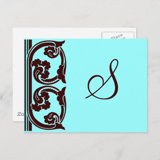 Elegant persoonlijk monogram in chocolade en Blauw Briefkaart (Voorkant / Achterkant)
