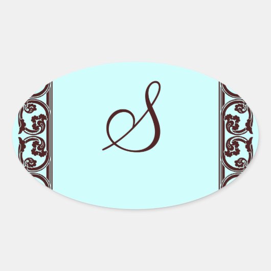 Elegant persoonlijk monogram in chocolade en Blauw Ovale Sticker (Voorkant)