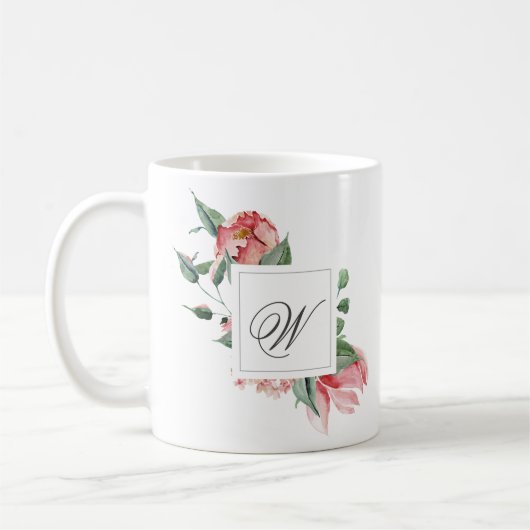 Elegant persoonlijk monogram met roze rozen koffiemok (Links)