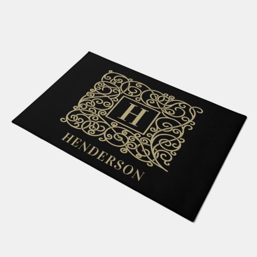 Elegant Persoonlijke monogram Familienaam Black Deurmat (Schuin)