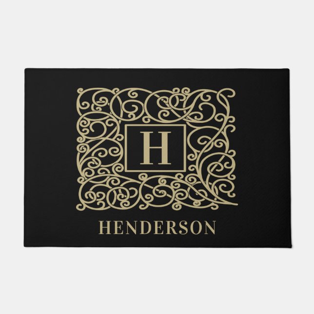 Elegant Persoonlijke monogram Familienaam Black Deurmat (Voorkant)