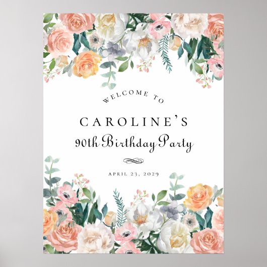 Elegant Perzik Bloemblad 90ste verjaardag Party te Poster (Voorkant)