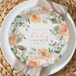 Elegant Perzik Bloemen Baby Bloom Meisje Baby show Papieren Bordje<br><div class="desc">Peach Baby In Bloom Girl Baby shower Papieren Borden zijn voorzien van prachtige perzik en witte bloembloemen en groen,  samen met moderne kalligrafie.</div>