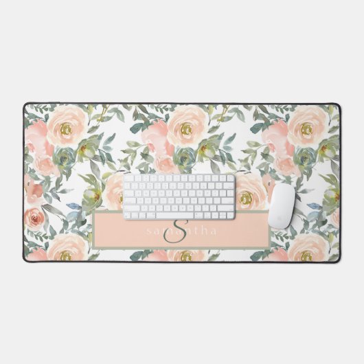Elegant Perzik Bloemen Waterverf Monogram Bureaumat (Keyboard & Muis)