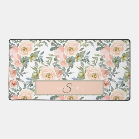 Elegant Perzik Bloemen Waterverf Monogram Bureaumat (Voorkant)