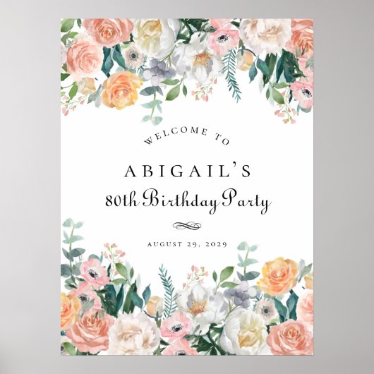 Elegant Perzik Bloemenblad 80e verjaardag Party te Poster (Voorkant)