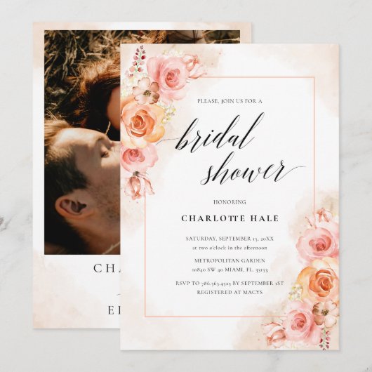 Elegant Perzik Blush Bloemen Foto Vrijgezellenfees Kaart (Voorkant / Achterkant)