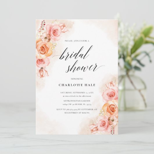 Elegant Perzik Blush Bloemen Foto Vrijgezellenfees Kaart (Staand voorkant)