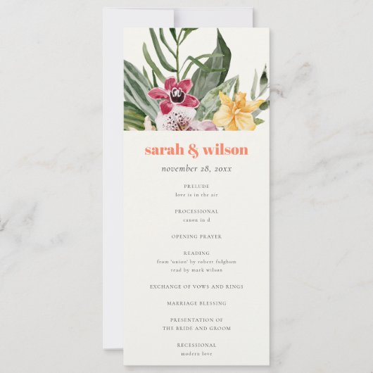 Elegant Perzik Blush Boho Tropisch Bloemen Program Kaart (Voorkant)