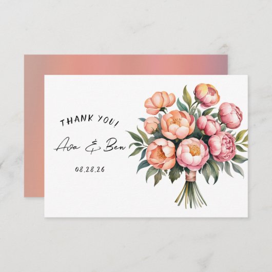 Elegant perzik boeket met diamanten bedankkaart save the date (Voorkant / Achterkant)