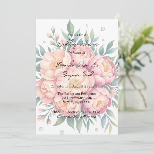 Elegant perzik boeket met diamanten bruiloft douch kaart (Staand voorkant)