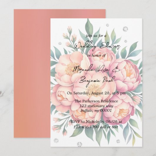 Elegant perzik boeket met diamanten bruiloft douch kaart (Voorkant / Achterkant)