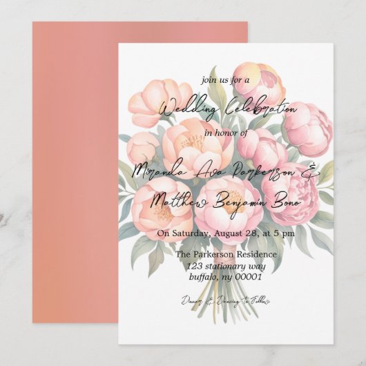 Elegant perzik boeket met diamanten bruiloft kaart (Voorkant / Achterkant)