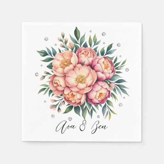 Elegant perzik boeket met diamanten bruiloft servet (Voorkant)