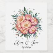 Elegant perzik boeket met diamanten bruiloft wijn etiket (Enkel label)