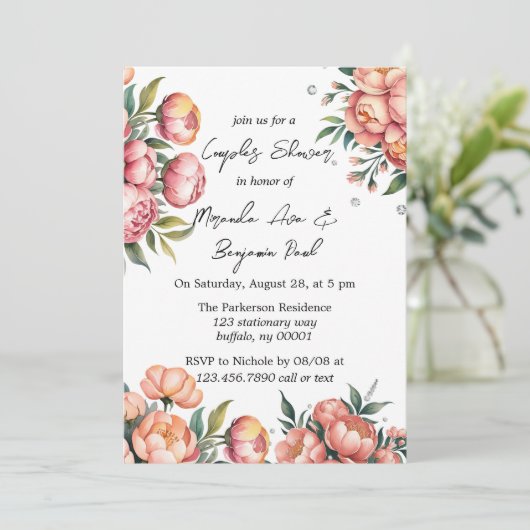 Elegant perzik boeket met diamanten koppels douche kaart (Staand voorkant)