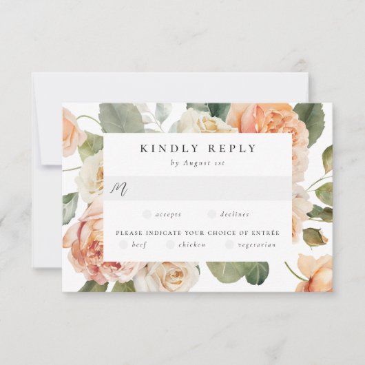 Elegant Perzik en Ivoor Roos Maaltijd Keuze Bruilo RSVP Kaartje (Voorkant)