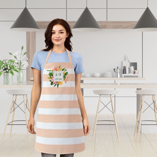 Elegant perzik gestreepte bloemmonogram ontwerp schort