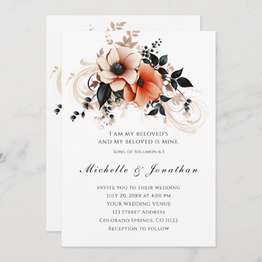 Elegant Perzik Grijs Bloemenbijbel Christelijk Bru Kaart (Voorkant / Achterkant)