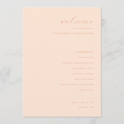 Elegant Perzik Huwelijksceremonieprogramma Programmakaart (Voorkant)