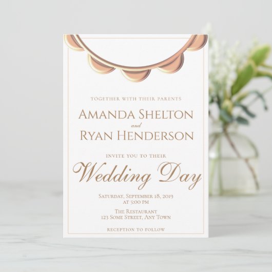 Elegant Perzik Ketting Witte bruiloft Kaart (Staand voorkant)