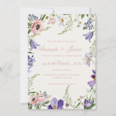 Elegant  Perzik Paarse Blauw Bloemen Bruiloft Kaart (Voorkant)